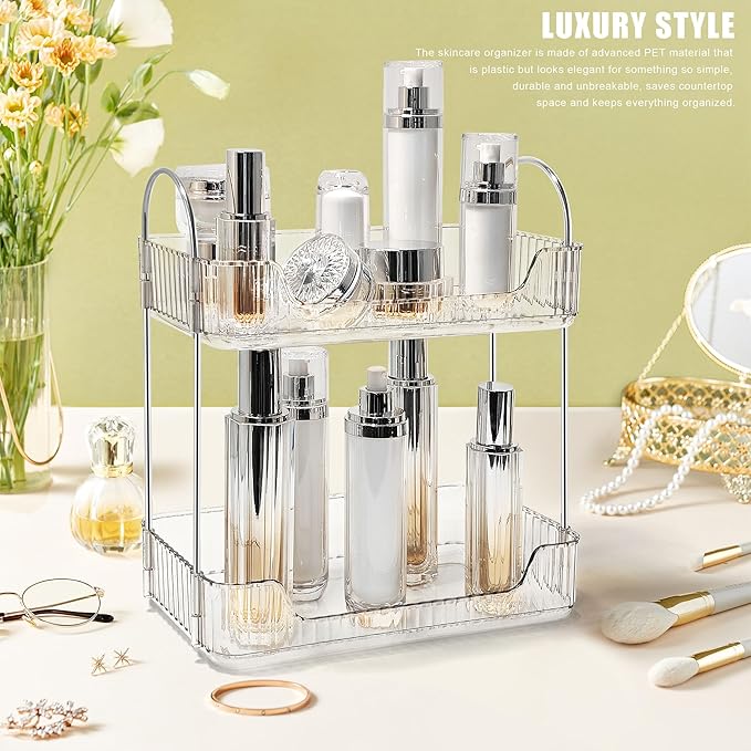 Bathroom Counter Organizer Countertop Storage Skincare Countertop Makeup Organizer Cosmetics Skincare Organizers Holder for Perfume-Clear white-silver pole-NeatNest