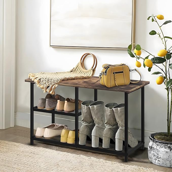 Rustic Wood Bench with 3-Tier Shoe Rack for Small Spaces - Free Standing Shoe Storage Shelf with Boot Organizer-NeatNest