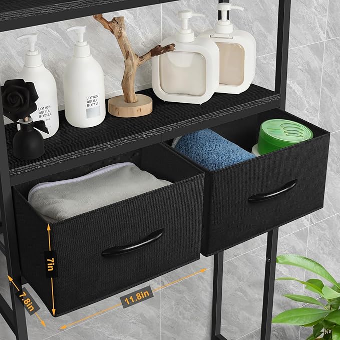 ETELI Over The Toilet Storage Bathroom Cabinet 3 Tier Freestanding Over Toilet Storage Cabinet Shelf Space Saving Behind Above Toilet Bathroom Organizer with Fabric Drawers, Black