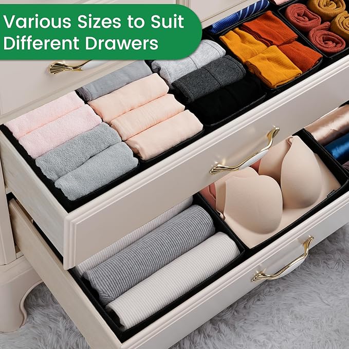 Criusia Drawer Organizer Clothes, 24 Pack Underwear Drawer Organizers, Foldable Closet Organizers and Storage Dresser Drawer Dividers Clothing Organizer for Clothes, Socks, Scarves, Bra, Ties (Black)-NeatNest