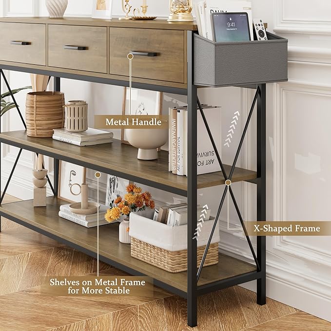 HITHOS 47.2" Console Table with 3 Drawers, Industrial Long Entryway Foyer Table with 3-Tier Storage Shelves, Narrow Sofa Hallway Table for Living Room, Entry Way, Kitchen, Rustic Brown-NeatNest
