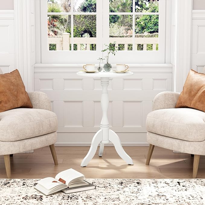 HLR Round Small End Table Set of 2, Wooden Pedestal Side Coffee Table, 2pcs Vintage Accent Nightstand for Living Room, Bedroom, Entryway, Pure White