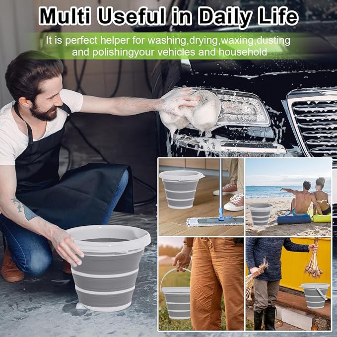 Collapsible Wash Bucket with Microfiber Mitt, 10L (2.6 Gallon) Portable Collapsiblle Buckett with Handle for Car Wash Household Cleaning, Multiuse Collapsibles Water Bucket and Car wash mitt - Grey-NeatNest
