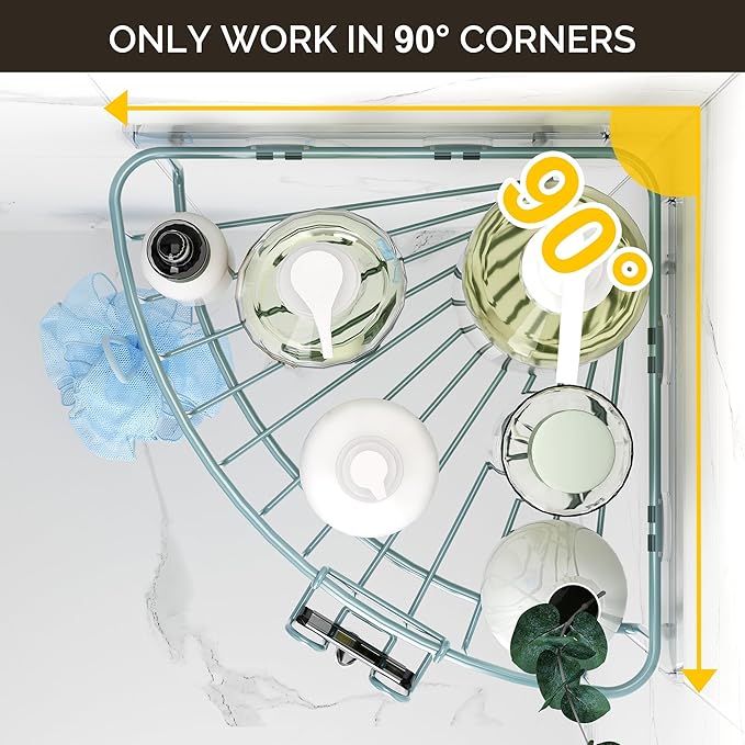 Orimade Corner Shower Caddy with 2 Hooks Wall Mounted Metal Bathroom Shelf Storage Organizer Adhesive No Drilling 2 Pack, Blue Only for 90-Degree Corner