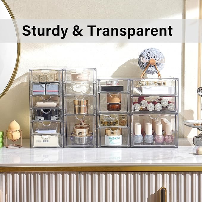 Prsildan Acrylic Drawer Organizer with 17 Drawers, Craft Office Desk Makeup Organizers Accessories, Set of 4 Clear Stackable Storage Drawers for Vanity, Countertop, Jewelry, Art Supply Organization-NeatNest
