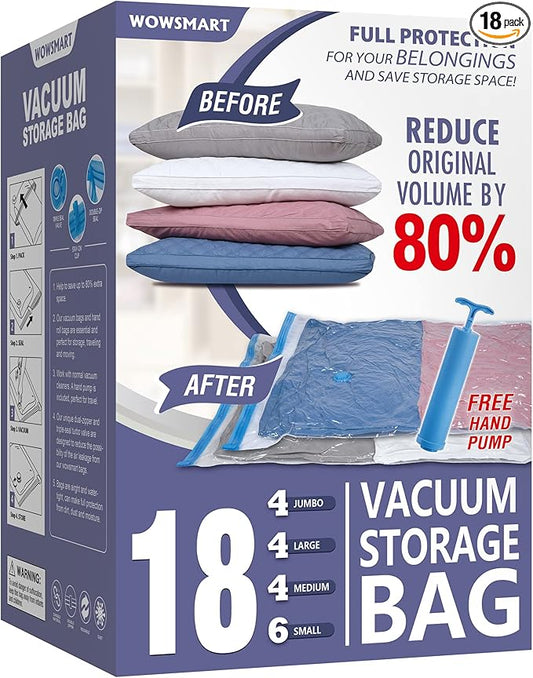 18 Pack Vacuum Storage Bags with Hand Pump, 80% Space Saver Vacuum Seal Storage Bags for Clothing, Travel Lugggage, Blankets, Comforters