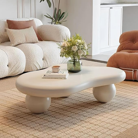 Cloud-Shape Cute Cream White Irregular Coffee Table with 3 Short Legs Modern Live Round Edge Coffee Table for Living Room Bedroom Easy Assembly,Cloud b White 47.2"-NeatNest