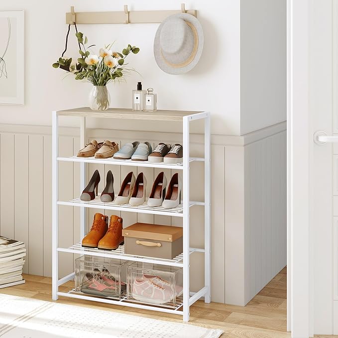 Yusong Shoe Rack Organizer, 5 Tier Industrial Shoe Storage Shelf, Narrow Sturdy Metal Shoe Shelves for Closet Entryway, White-NeatNest