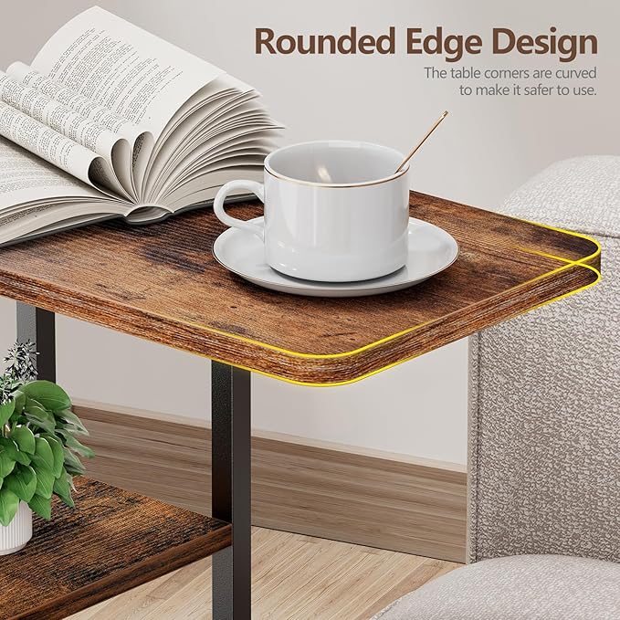 C Shaped End Table, Small Side Table for Couch, Recliner, Slide Under Sofa Tray Desk Snack Tables with Storage Bag for Living Room,Bedroom, Small Spaces - Rustic Brown