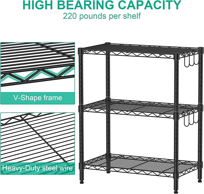 3-Tier Metal Shelf for Storage, Wire Shelving Unit Storage Rack Organizer Steel Utility Shelf for Kitchen Office Garage Pantry Laundry Organization(13.4D x 23.2W x 29.7H Inches)