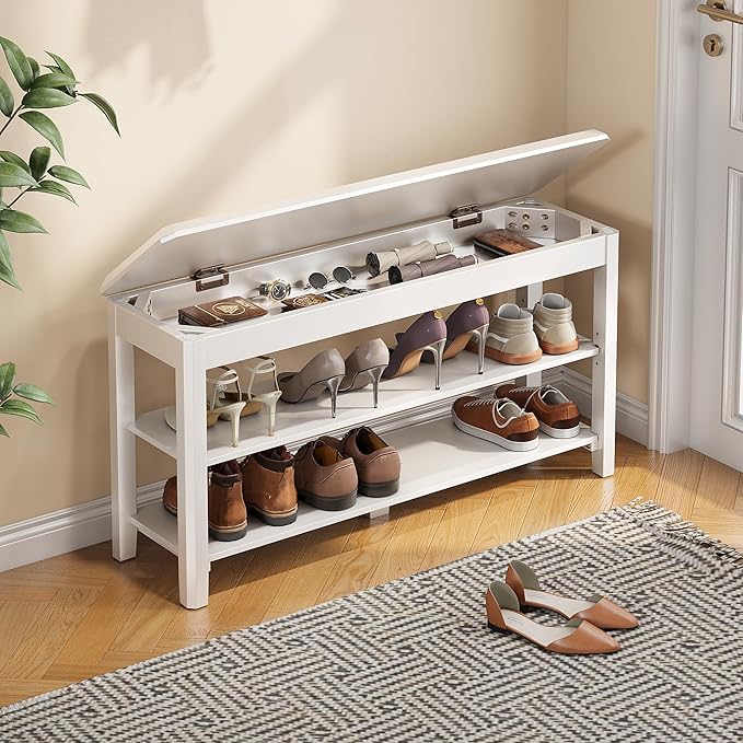 Shoe Rack Bench Seat Rubberwood 2-Tier Wooden Storage Bench 550lbs Compact Mid-Century Modern Design for Entryway, Hallway, Closet, Front Door Entrance, Foyer-NeatNest