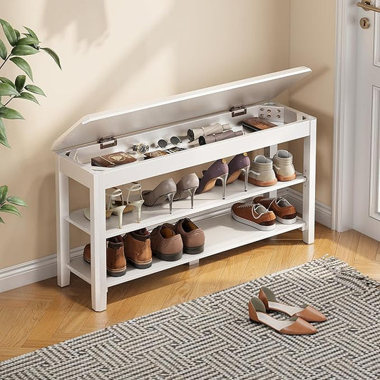 Shoe Rack Bench Seat Rubberwood 2-Tier Wooden Storage Bench 550lbs Compact Mid-Century Modern Design for Entryway, Hallway, Closet, Front Door Entrance, Foyer-NeatNest