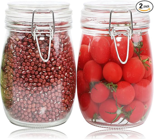 Glass Jars With Airtight Lid 32 Oz (Set Of 2) Wide Mouth Mason Glass Sealed Storage Canisters Leakproof For Coffee Sugar Nuts Spice Refrigerator Pickles & Preserves Tea For Fridge Kitchen Pantry