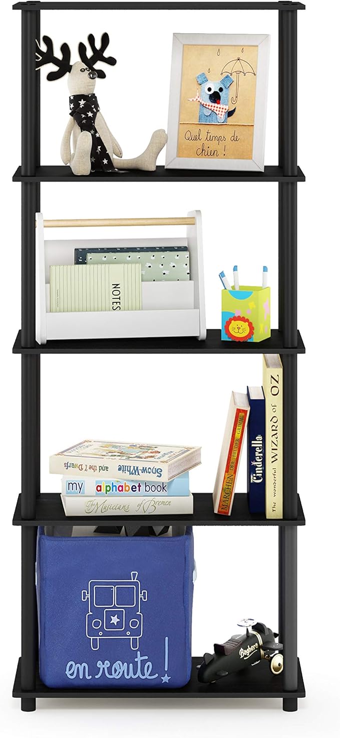 Furinno Turn-N-Tube 5-Tier Multipurpose Shelf / Display Rack / Storage Shelf / Bookshelf, Round Tubes, Americano/Black-NeatNest