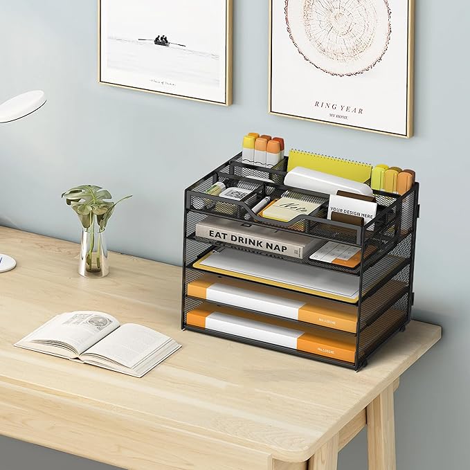 5 Tier Paper Letter Tray with 3 Drop-in Pen Holders, Mesh Desk File Organizer with Handle, Desk Organizers and Accessories for School,Home, Office Supplies Storage-Black-NeatNest