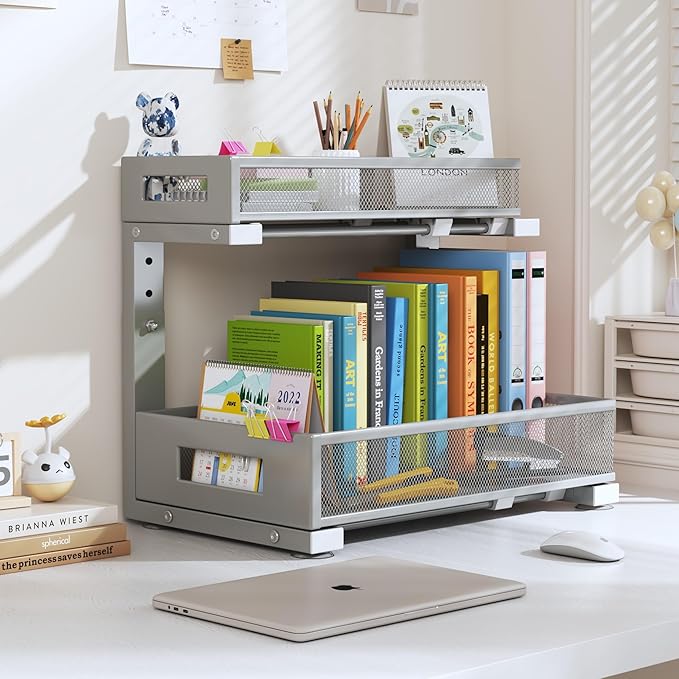 1 Pack-11.4"-16.14" H Under Sink Storage Organizer, Large 2-Tier Elegant Mesh Pull Out Shelf for Kitchen & Bathroom Cabinet Organization, L-Shaped, Adjustable Height-Gun Gray-NeatNest