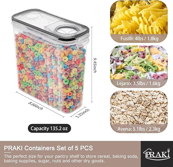 PRAKI 5PCS Cereal Containers Storage Set, BPA Free Airtight Food Storage Container Set with Lids, Kitchen Pantry Organization and Storage for Sugar, Baking Supplies with 20 Labels & Mark(4L Black)-NeatNest