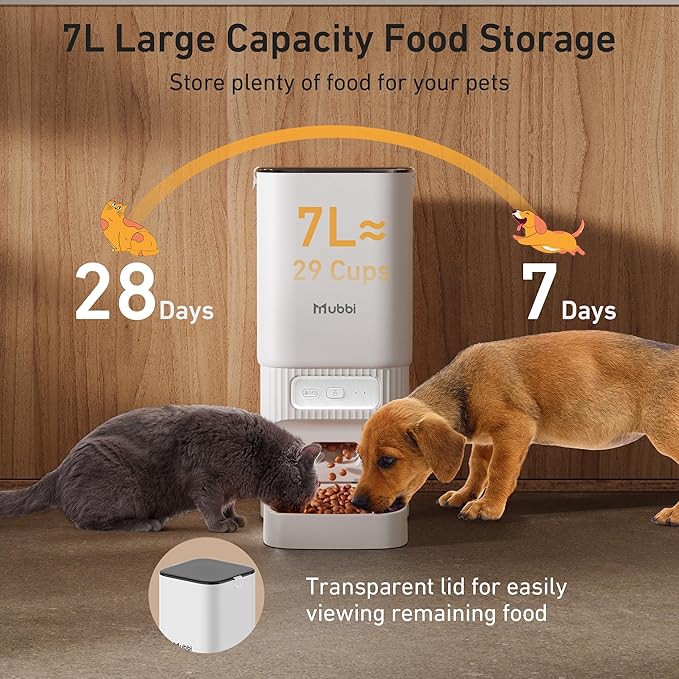 7L/29 Cups Automatic Dog Feeder, 5G WiFi Auto Cat Feeder with Desiccant Bag, Cat Food Dispenser, App Remote Feeding, Stainless Steel Bowl, Dual Power Supply, Ideal for 2-15mm Dry Food-NeatNest