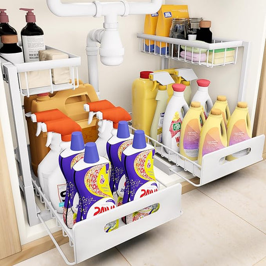 VUSIGN Under Sink Organizer, 2 Tier Pull Out Bathroom Cabinet Organizer, Under Kitchen Sink Organizers and Storage, Under Sink Shelf,2 Pack, White-NeatNest
