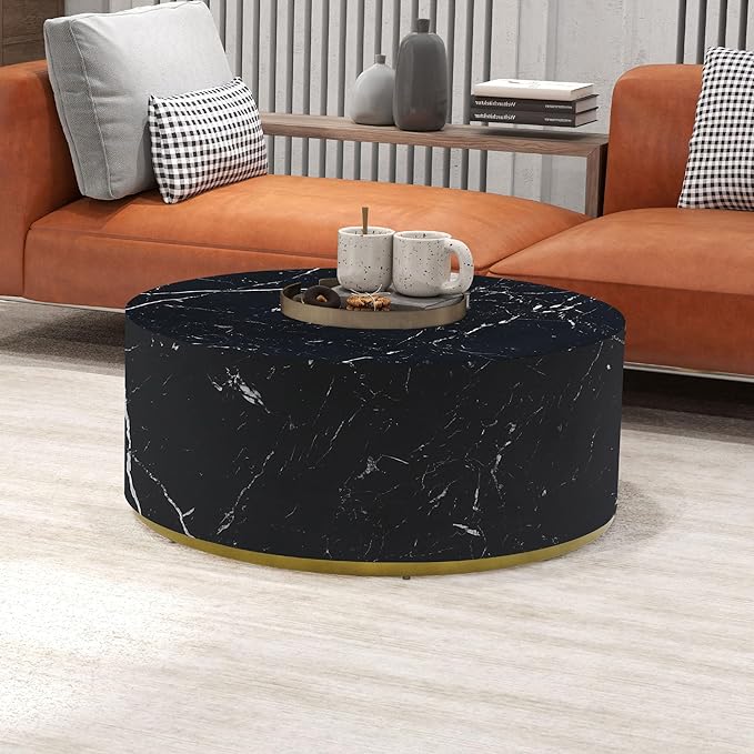 kevinplus Round Black Coffee Table Side Table End Table for Living Room, Drum Circle Wood Coffee Table Modern Contemporary Coffee Table for Apartment, Marble Grain, Black & Gold (ø35.4'' x 13.7'')