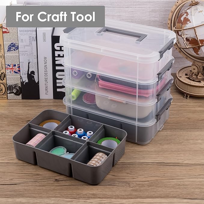 Grey&White Modern Plastic Storage Box - 4-Layer Durable Craft Storage Containers with 2 Removable Trays for Arts & Crafts Supplies, Sewing, Office, Seasonal Decor