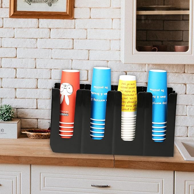 2 Pack Disposable Paper Cup Dispenser - Adjustable Coffee Cup and Lid Holder, 4 Compartment Storage Organizer for Countertop Bar Restaurant Breakroom, Black-NeatNest
