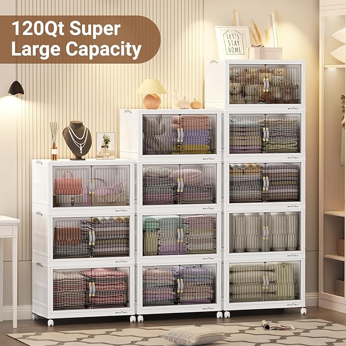 360Qt Stackable Storage Bins with Lid, Extra Large Closet Organizer Collapsible Drawer Boxes with Wheels, Folding Plastic Cabinet Containers for Home Kitchen Room Organization, 3Pack White