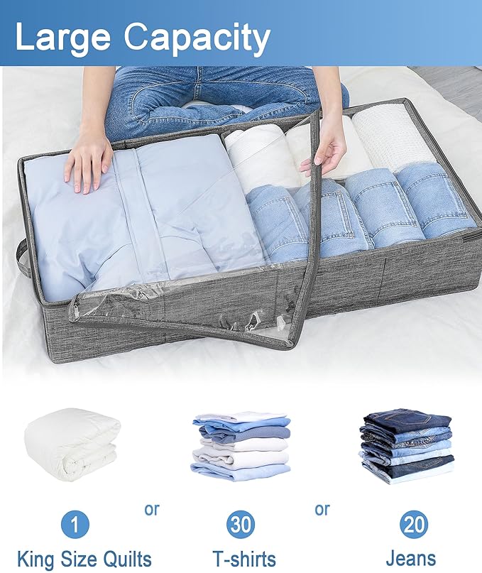 Foldable Underbed Bags 2 Pack, Large Under Bed Storage Organizer Box with Handle for Organizing Clothes, Shoes, Pillows, Grey-NeatNest