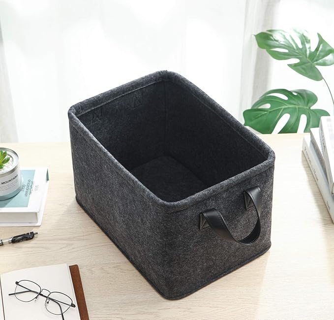 Collapsible Storage Bins Foldable Felt Fabric Storage Basket Organizer Boxes Containers with Handles PU Handles for Nursery Toys,Kids Room,Clothes,Towels,Magazine (PU-Dark grey, 15.9L×11W×9.8H)-NeatNest