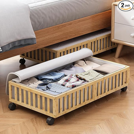 Bamboo Under Bed Storage Containers with Wheels, 2 Pack Large Under the Bed Shoe Storage Bins, Wood Rolling Underbed Drawers Organizer for Bedroom Closet Clothes Blanket Under Crib Toy Nature-NeatNest