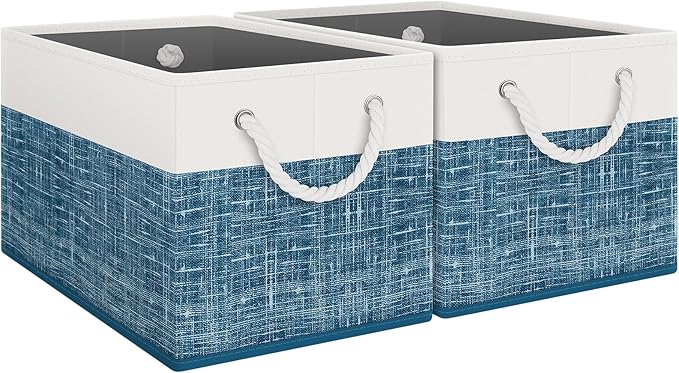 Fab totes Storage Bins [2-Pack], Foldable Storage Baskets for Organizing Toys, Books, Shelves, Closet, Large Storage Box with Rope Handles, Sturdy Organizer Bins, White & Blue-NeatNest