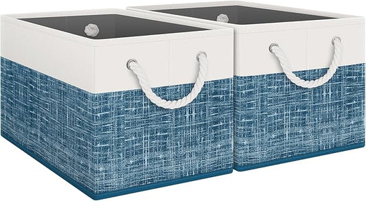 Fab totes Storage Bins [2-Pack], Foldable Storage Baskets for Organizing Toys, Books, Shelves, Closet, Large Storage Box with Rope Handles, Sturdy Organizer Bins, White & Blue-NeatNest