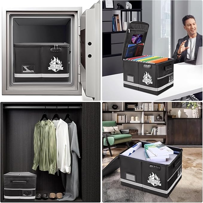 BALEINE Fireproof Document Box with Lock, Portable Fireproof Document Bag Waterproof Fire Proof File Boxes for Documents, File Organizer Box for Important Paperwork (Black, 16''x12.5''x11.5'')