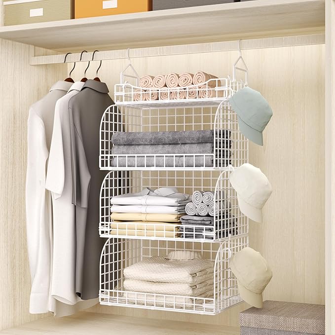 HapiRm Hanging Closet Organizer Storage - 3 Tier Metal Stackable Hanging Closet Shelves with Dividers and S Hooks, Foldable Clothes Shelves for Clothes, Pants, Shoes, Coat, Hats Clutches Accessories