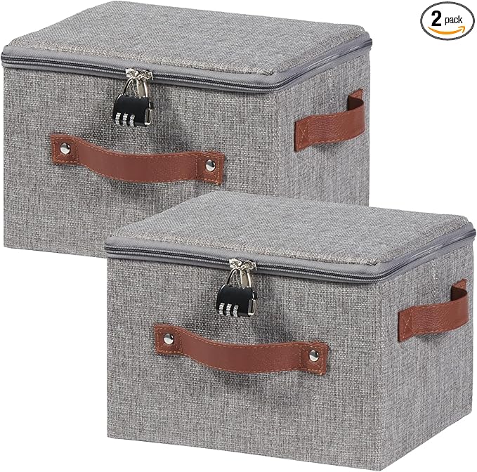 2PCS Storage Bins Boxes with Zipper Lid Combination Lock PU Leather Handle Cotton Linen Fabric Lidded Lockable Basket Foldable Washable Closet Shelf Organizer Container (Light Gray, Small)