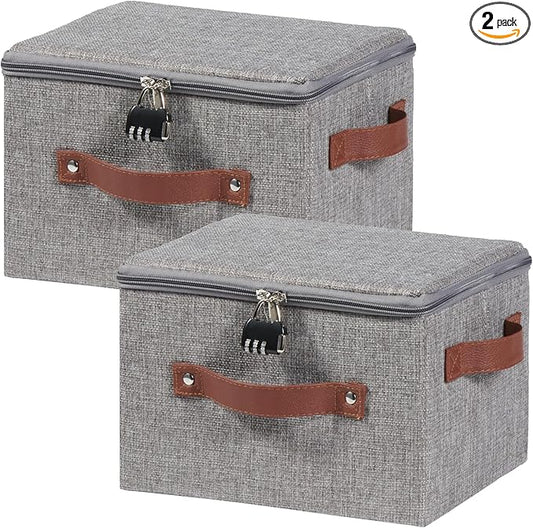 2PCS Storage Bins Boxes with Zipper Lid Combination Lock PU Leather Handle Cotton Linen Fabric Lidded Lockable Basket Foldable Washable Closet Shelf Organizer Container (Light Gray, Small)