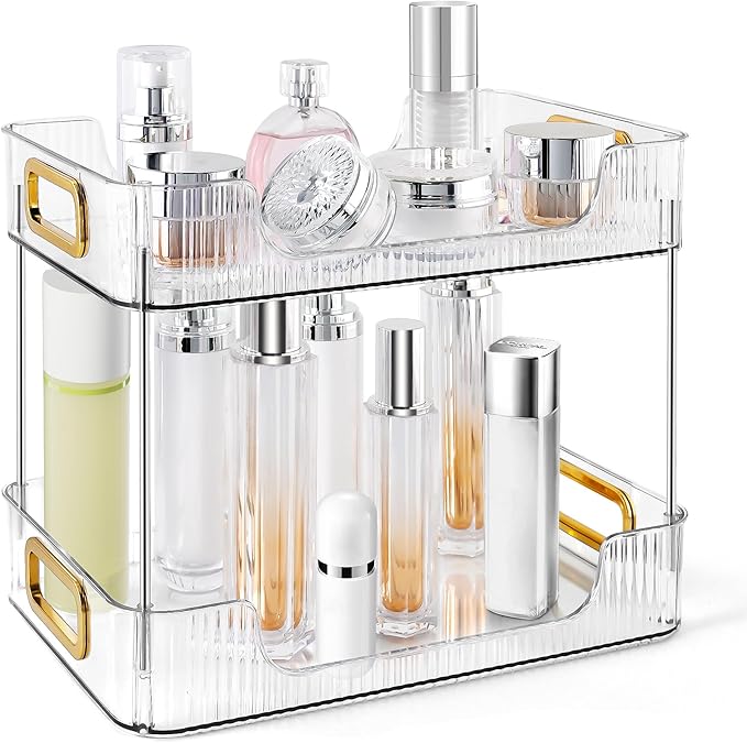 2-Tier Bathroom Counter Organizer Countertop Storage, Dresser Organizer Vanity Tray for Makeup, Perfume Organizer Cosmetics Skincare Shelf - Clear-NeatNest