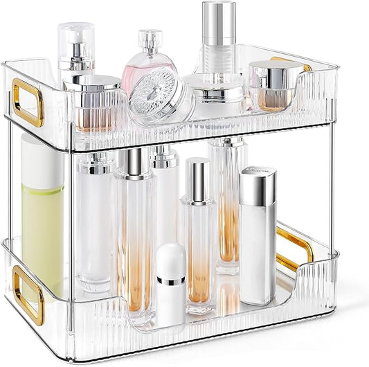 2-Tier Bathroom Counter Organizer Countertop Storage, Dresser Organizer Vanity Tray for Makeup, Perfume Organizer Cosmetics Skincare Shelf - Clear-NeatNest