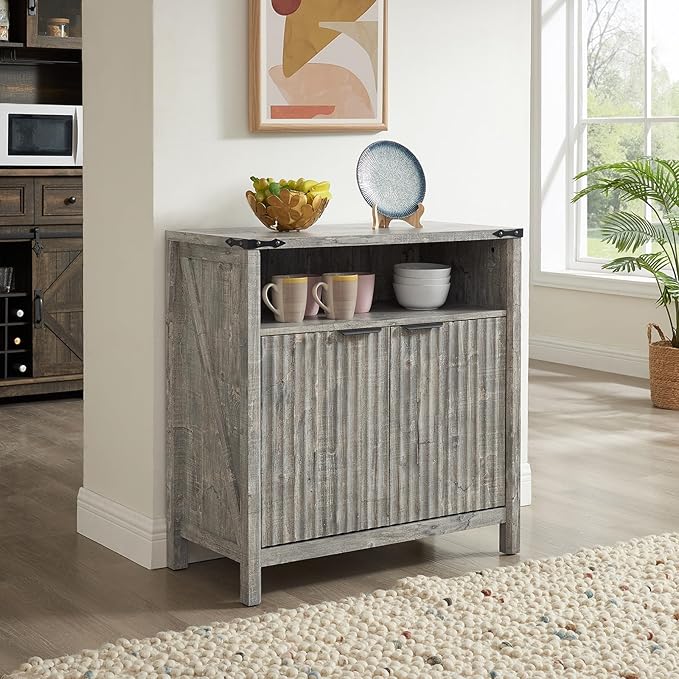 32 Inch Fluted Sideboard Buffet Cabinet with Storage, Modern Farmhouse Accent Credenza with Adjustable Shelves, Coffee Wine Bar Organizer for Kitchen, Entryway, Living Room (Grey)