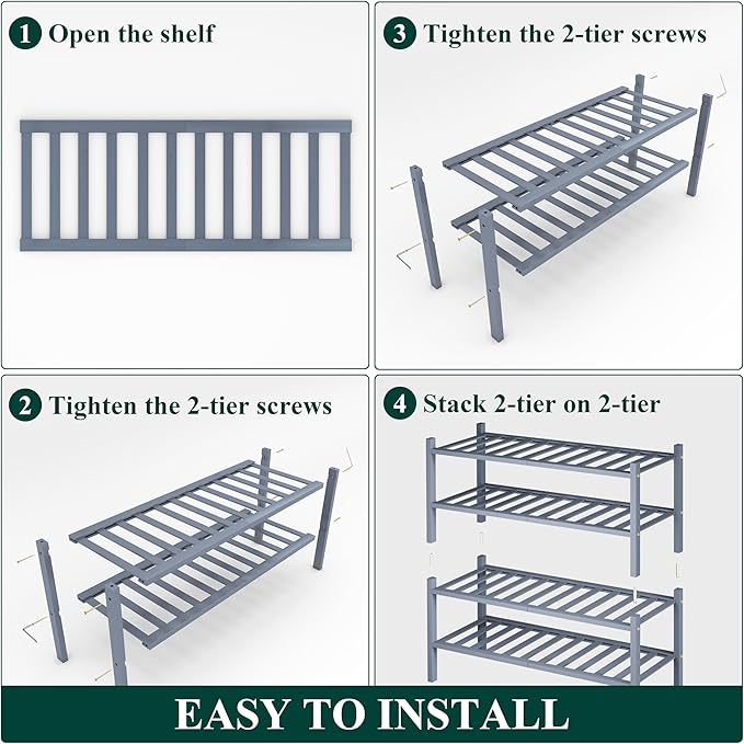 Smiry Shoe Rack, 4 Tier Thick Bamboo Shoe Organizer, Stackable Free Standing Wooden Shoe Storage Shelf for Closet, Entryway, Front Door Entrance, Grey-NeatNest