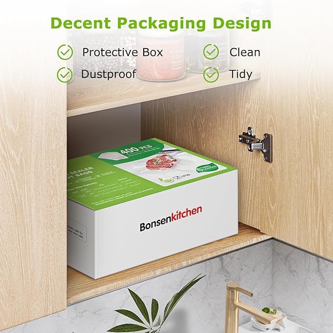 Bonsenkitchen Vacuum Sealer Bags,400 Quart 8" x 12" Precut Food Sealer Bags, Commercial Grade, BPA Free, Heavy Duty, Customized Size Vacuum Bags for Vac Storage, Meal Prep or Sous Vide Cooking, VB14-NeatNest
