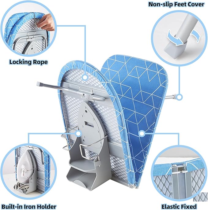 Foldable Ironing Board, 13"x35" Folding Tabletop Small Ironing Board with Iron Holder and Wall Mount Space-Saving, Blue