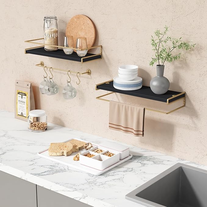 Forbena 2-Pack Black and Gold Contemporary Floating Shelves for Wall, Bathroom, Kitchen, Home Decor (Black and Gold)-NeatNest