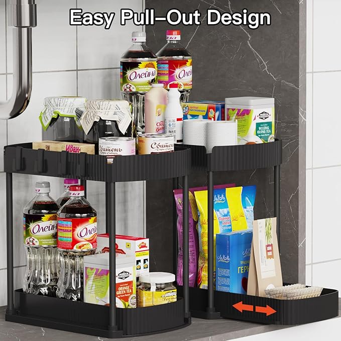2 Pack Multi-Purpose Pull-Out Storage Organizers, Under Sink Organizers and Storage for Bathroom & Kitchen, Under Cabinet Organizers and storage, 14.8 Inch, Black-NeatNest