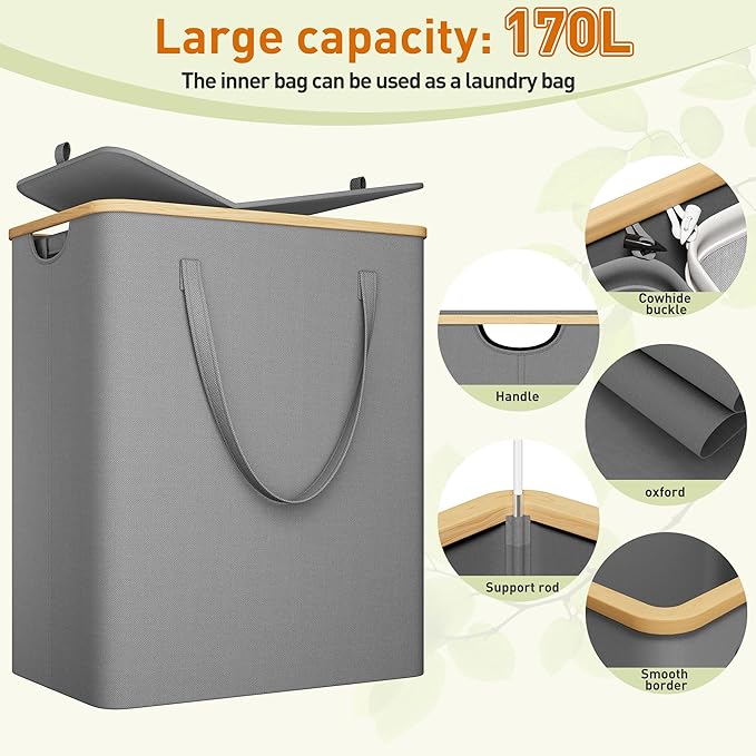170L Laundry Hamper with Lid 3 Section, Extra Large Laundry Basket with 3 Removable Bags, Laundry Basket Organizer for Bedroom, Laundry Room, Dorm, Clothes Hamper, Grey-NeatNest