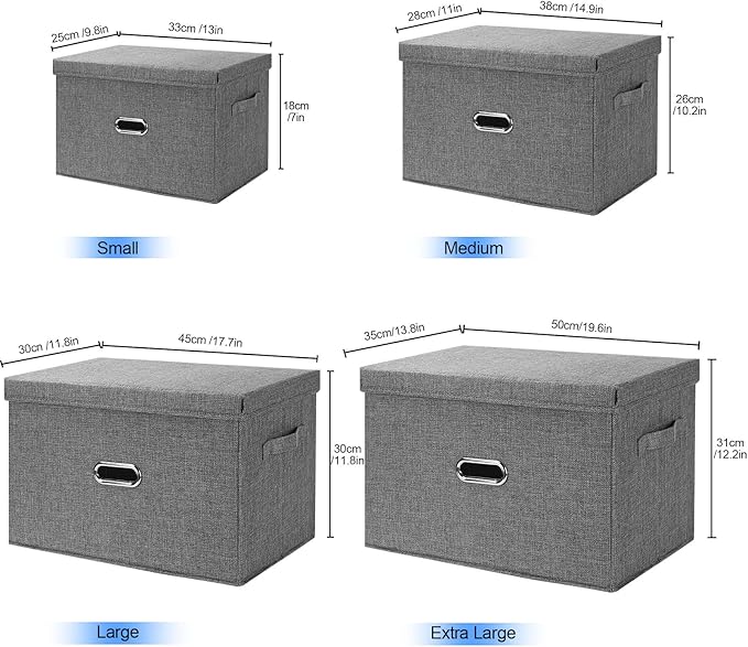 Large Linen Fabric Foldable Storage Bins with Removable Lid and Handles, Washable Storage Box Organizer Containers Baskets Cube with Cover for Bedroom,Office (Khaki, Extra Large(2-Pack))
