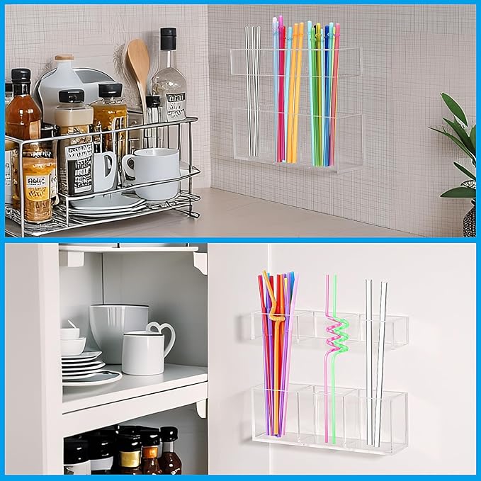 2 Pack Acrylic Straw Holder for Cabinet Door, 6" Clear Cabinet Straw Organizer with Double Sided Adhesive Tape and Sticker,Reusable Tumbler Organizer Storage for Kitchen Counter Cupboard