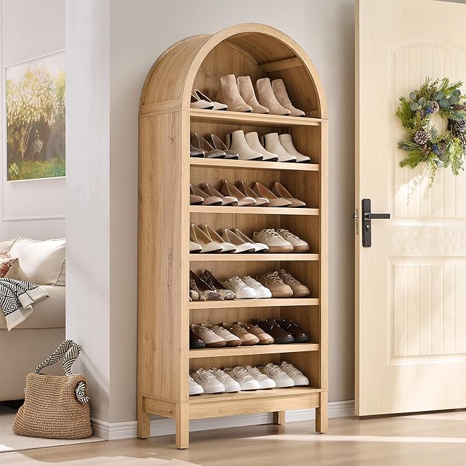 71" Tall Arched Shoe Storage Cabinet, 7 Tiers 28 Pairs Wooden Shoe Rack with 3 Adjustable Shelves, Freestanding Shoe Closet Shelf Organizer for Entryway, Hallway, Living Room (Natural)-NeatNest