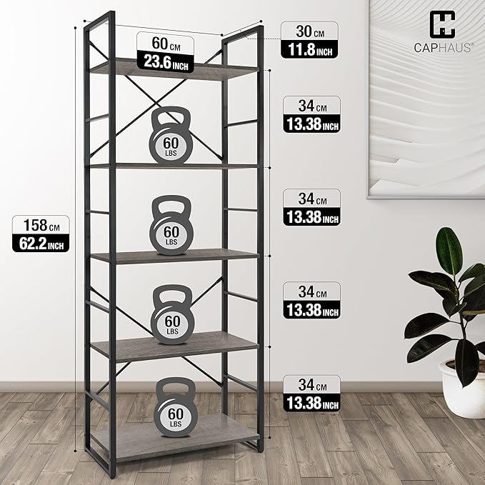 CAPHAUS 5 Tier Bookshelf, 24 Inch Width Free Standing Shelf, Bookcase Shelf Storage Organizer, Industrial Book Shelves for Home Office, Living Room, Kitchen, Dark Grey-NeatNest