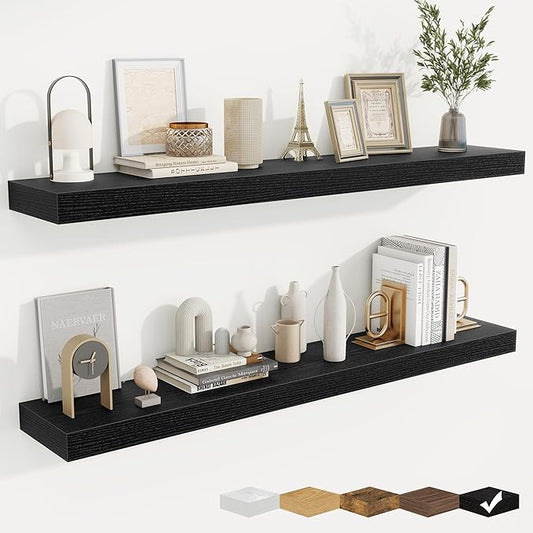 fuqing Floating Shelves for Wall, Bathroom Shelf Wall Mounted for Storage, Shelves with Invisible Bracket for Bedroom, Kitchen, Living Room, Farmhouse Small Book Shelf, 48 Inch Set of 2, Black-NeatNest